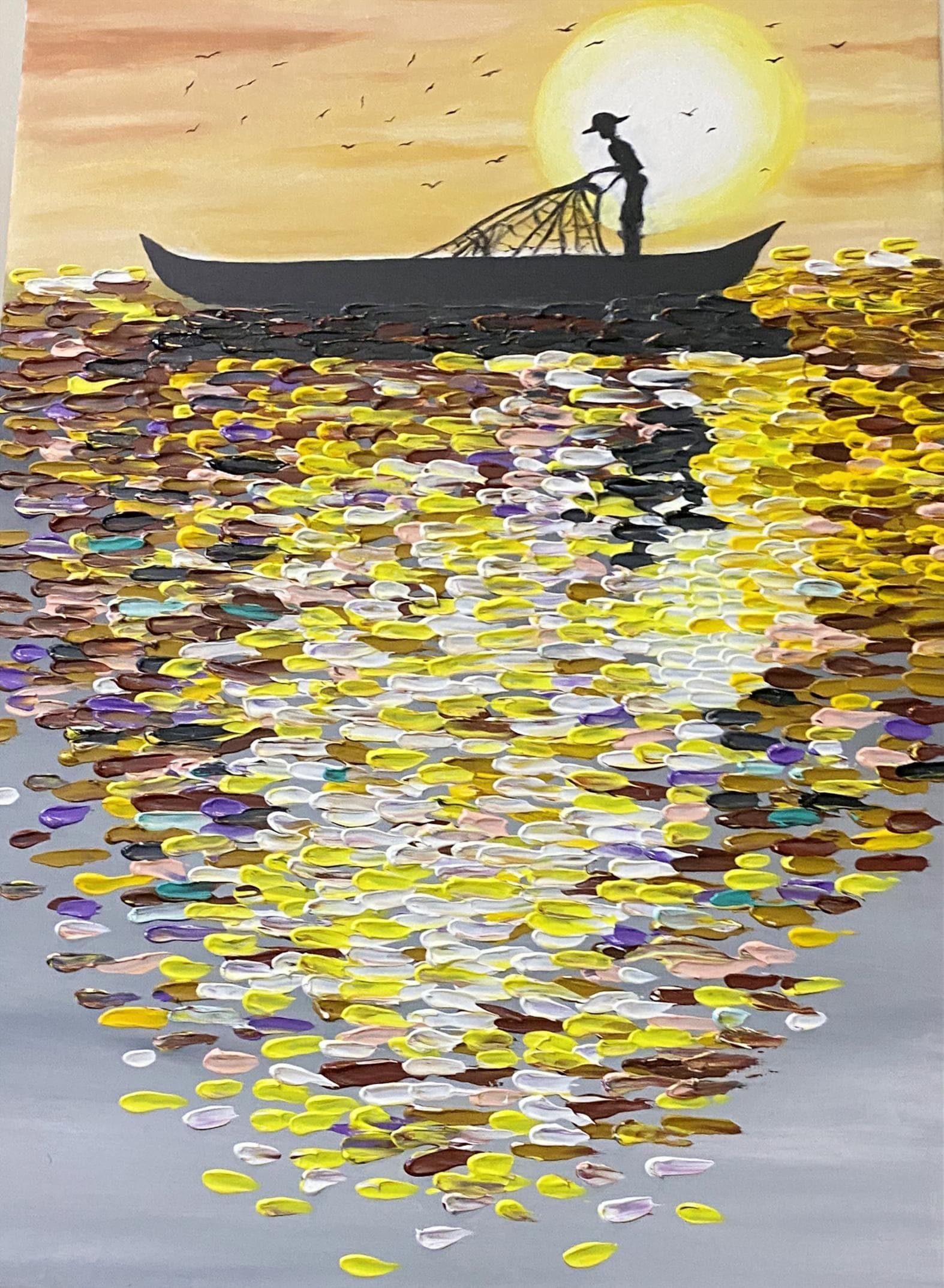 Textured painting of a fisherman at sunset