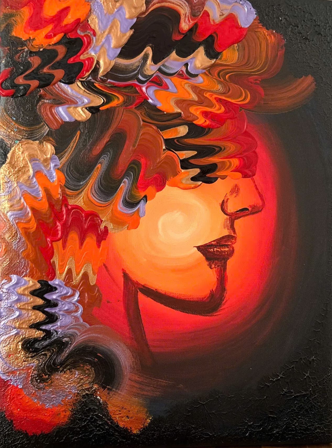 Profile portrait with swirling, abstract hair